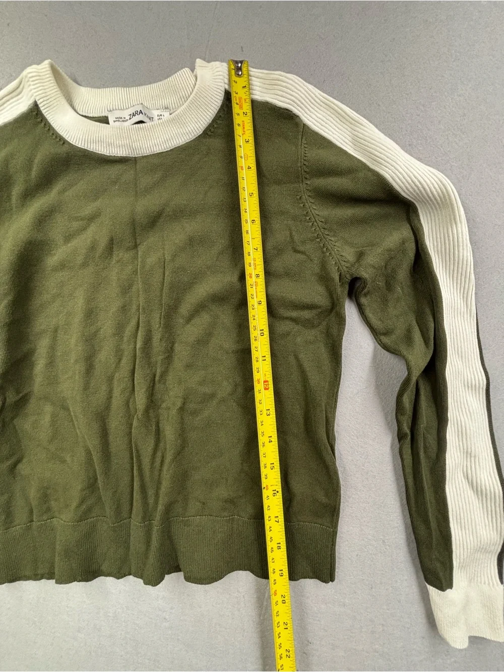Zara Olive Green Crewneck Sweater with Cream Sleeve‎ Stripes